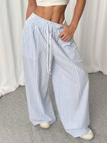 SHEIN EZwear 女士时尚抽绳腰宽松低腰条纹街头风格休闲裤 - 白色 - 查看 4