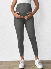SHEIN 孕妇纯色纽扣装饰休闲紧身裤 - 深灰色 - 查看 6