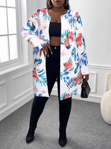 Slaydiva Casual Basic - Plus Size Women Stretchy Knit Tropical Plant Print Cardigan, Fall/Winter, Teacher - White - View 1