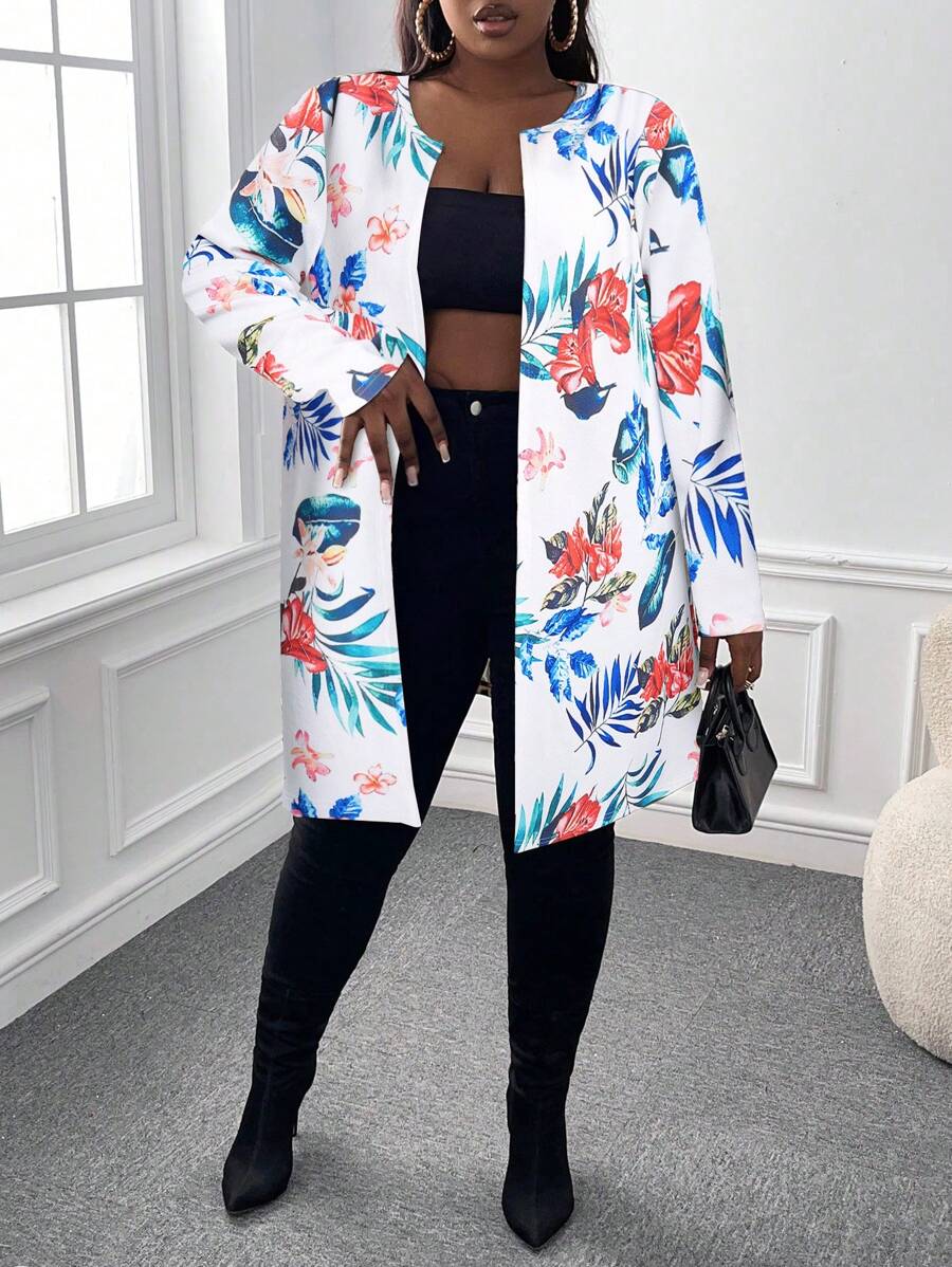 Slaydiva Casual Basic - Plus Size Women Stretchy Knit Tropical Plant Print Cardigan, Fall/Winter, Teacher - White - View 1