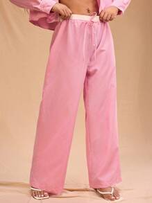 Forever 21 Plus Women's Fashionable Pink Striped Waist Elastic Drawstring Pants - Baby Pink - View 8