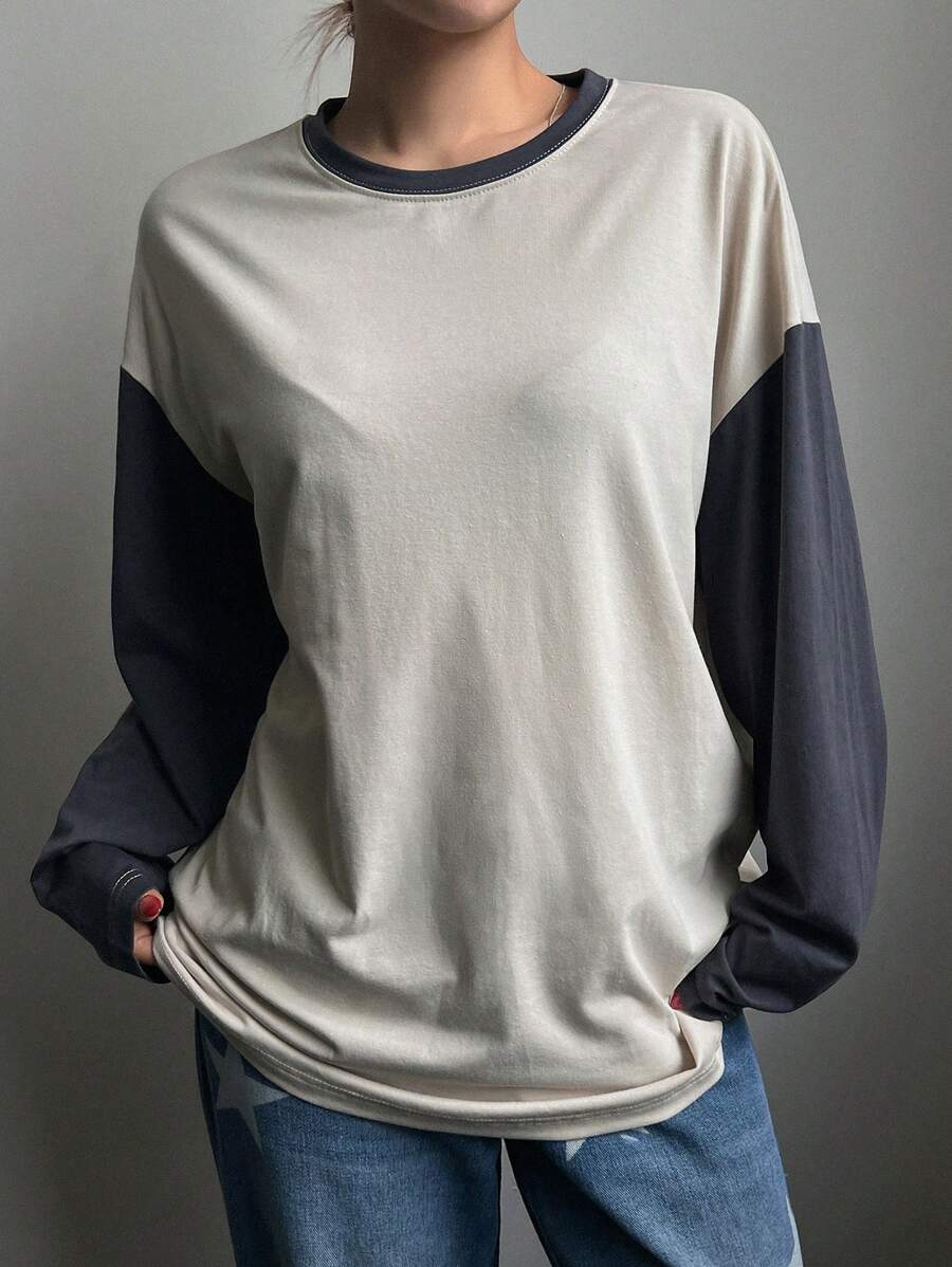 DAZY Women's Solid Color Loose Round Neck Long Sleeve Long T-Shirt,Fall Clothes - Brown - View 1