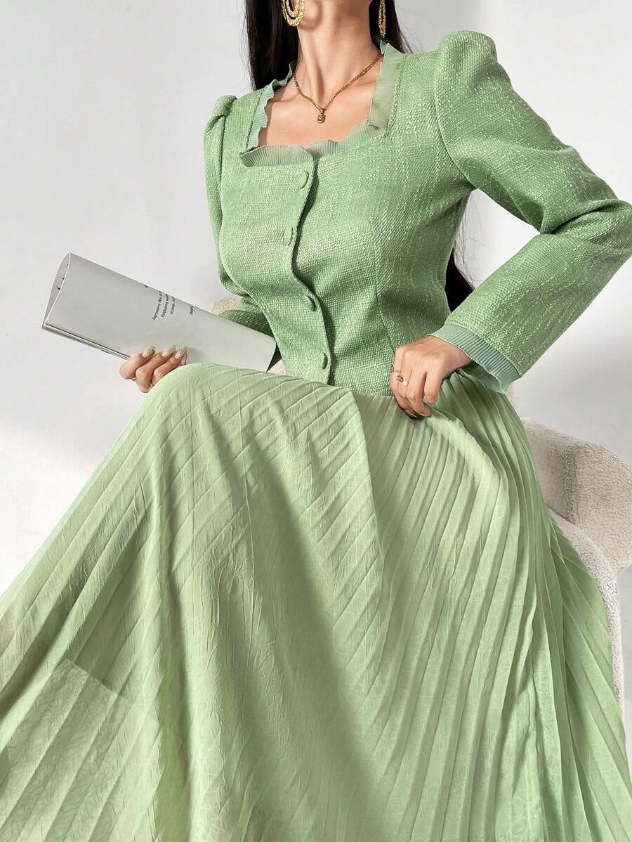 Modelyn 2 件女式方领长袖上衣和裙子套装 - 綠色 - 查看 1