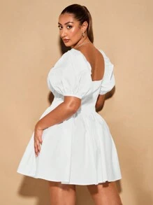 SHEIN BAE 大码女式甜美泡泡袖荷叶边迷你连衣裙 - 白色 - 查看 2