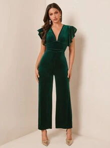 Amorya 深 V 领荷叶边袖腰带连体裤，适合派对和社交活动