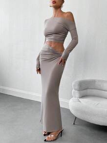 SHEIN Privé 2 件套女士不对称肩长袖 T 恤和长裙优雅休闲装 - 淺灰色 - 查看 6