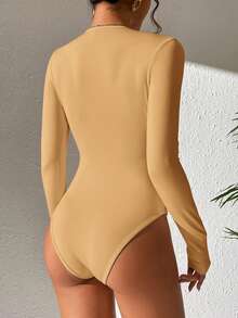 SHEIN PETITE 纯色修身春季女式紧身衣 - 卡其色 - 查看 2