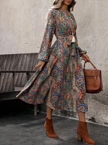 EMERY ROSE 女式全印花长袖前系带中长连衣裙，秋季休闲 - 綠色 - 查看 6