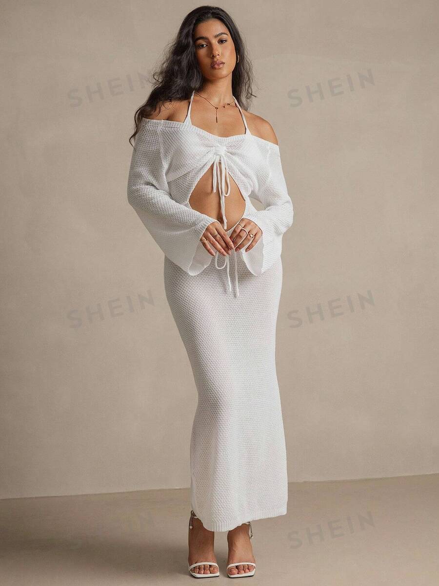 SHEIN Swim Damen einfarbige Off-Shoulder Langarm Vorne Gebundener Cut Out Lässig Cover-up für den Sommer - Weiss - Übersicht 1