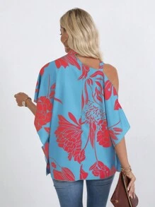 SHEIN LUNE 女裝花卉印花不對稱領口襯衫 - 藍色 - 查看 2