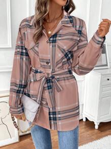 SHEIN LUNE Classic Plaid Print Front Button Pocket Long Sleeve Jacket Fall Cloth For Women