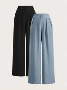 SHEIN Frenchy Summer High-Waisted Pants Multi-Piece Set,  Wide Leg Pants High Waist Fold Ruched Wide Leg Pants,  Pants, Loose Fit, Long Pants Casual