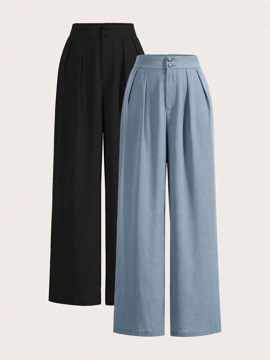 SHEIN Frenchy Summer High-Waisted Pants Multi-Piece Set,  Wide Leg Pants High Waist Fold Ruched Wide Leg Pants,  Pants, Loose Fit, Long Pants Casual