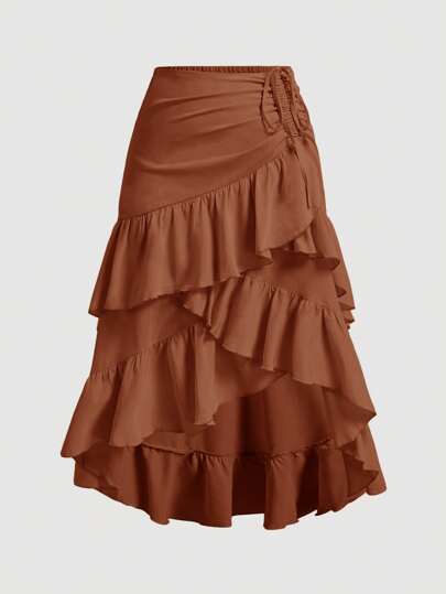 SHEIN MOD Plus Size Asymmetric Cream Ruffle Drawstring Tiered Party Skirt