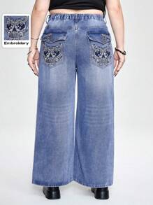 ROMWE Grunge Punk Plus Size Vintage Embroidered Loose Fit Jeans With Back Pockets - Blue - View 1