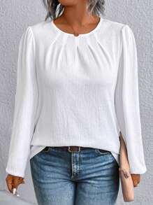 Plus Size Crew Neck Long Sleeve Solid Textured Casual Shirt - White - View 1