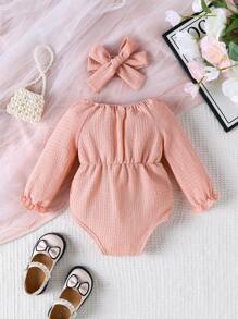 Baby Girls' Pink Textured Off-Shoulder Long Sleeve Bodysuit With Bow Decor & Headband, Spring/Fall - Pink - View 2