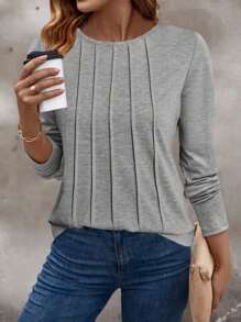 EMERY ROSE Áo thun nữ dài tay cổ tròn thông thường - Xám - Xem 4