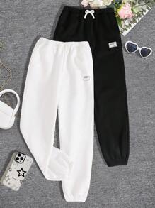 SHEIN Mua 1 tặng 1! Bộ 2 quần nỉ lót nơ thắt eo màu đen trắng cơ bản cho bé gái tuổi teen trở lại trường - Đen và trắng - Xem 9
