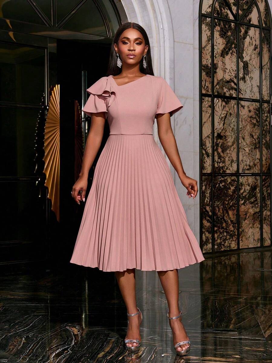 Elegant V-Neck Ruffle Hem Evening Dress - Spring/Summer Formal Dress, Suitable For Weddings, Galas, Red Carpets, And Formal Dinners, Also Can Be Worn As Party Dress Or Wedding Guest Dress - Dusty Pink - View 1