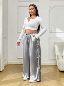 SHEIN EZwear Plus Size Women Solid Color Front Tie Bow Decor Casual Pants - Silver - View 4