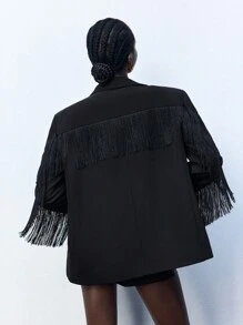 Maija Women's Black Solid Double-Breasted Fringe Decor Elegant Long Sleeve Blazer For Autumn & Winter - Black - View 4