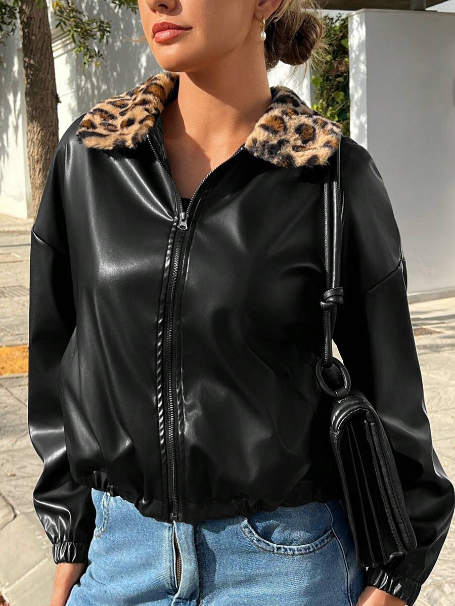 SHEIN Essnce Kurtka ze sztucznej skóry z kołnierzem z futra lamparta dla kobiet, Czarna kurtka skórzana, Kurtka damska jesień/zima, Kurtki damskie zimowe, Kurtki lotnicze dla kobiet, Kurtki z lamparta, Kurtki skórzane dla kobiet, Kurtka skórzana skrócona - Czarne - Zobacz 1