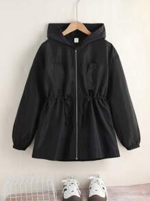 SHEIN Dziewczęca kurtka wiatrówka z kapturem w luźnym kroju, w jednolitym kolorze, z długim rękawem i ściągaczem w pasie