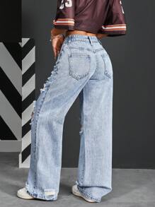 SHEIN PETITE Women's Ripped Wide Leg Loose Casual Versatile Denim Jeans Y2K Pocket Hole Fashion Wash