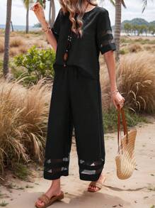 EMERY ROSE 女士波西米亚风亚麻网布拼布休闲套装 - 黑色 - 查看 4