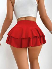 Zolique Ladies' Fashionable Solid Color Double-Layered High-Waisted Ultra-Short Shorts For New Year Clothes - Red - View 4