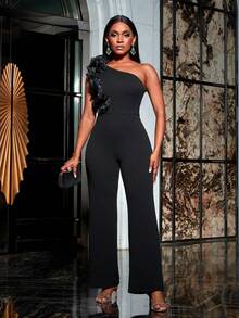 Faeriesty Ruffle Trim Sloping Neck Party Jumpsuit - Black - View 3