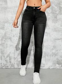 SHEIN Tall 正面纽扣多口袋水洗简约直筒牛仔裤，休闲日常穿着 - 黑色 - 查看 1