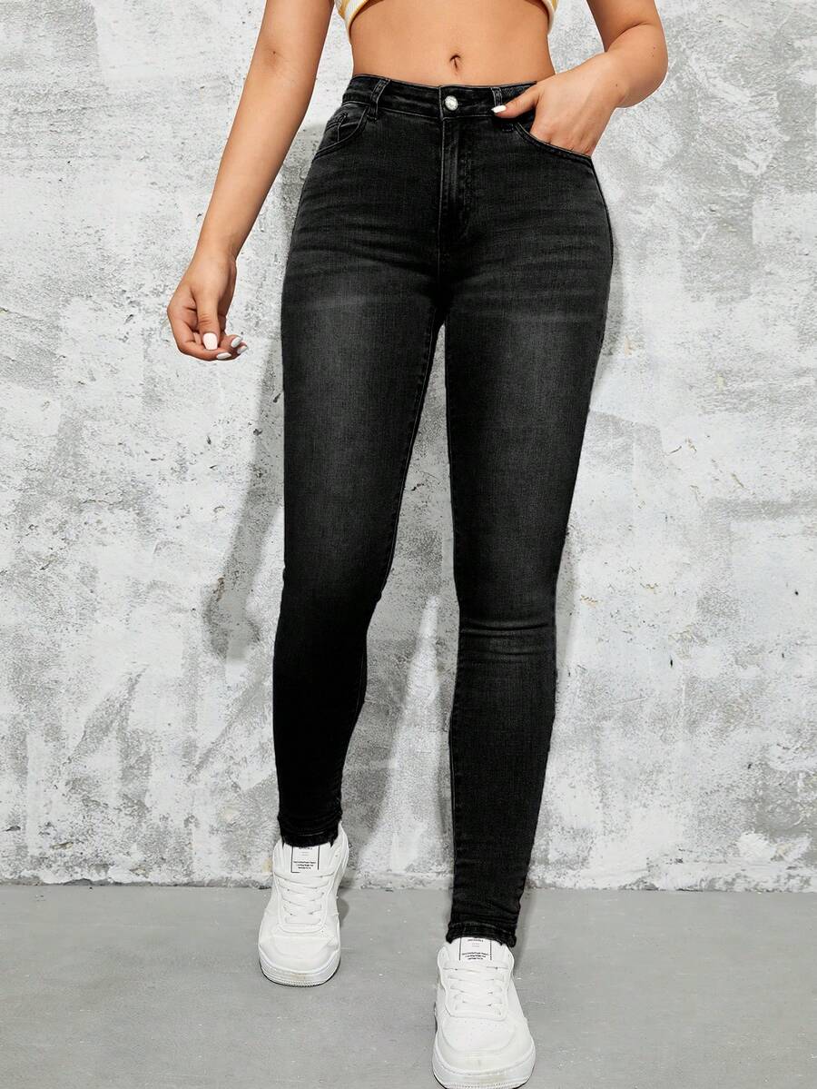 SHEIN Tall 正面纽扣多口袋水洗简约直筒牛仔裤，休闲日常穿着 - 黑色 - 查看 1