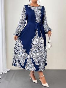 EMERY ROSE Đầm Maxi Tay Dài In Hoa Phong Cách Cổ Điển Cho Nữ Cỡ Lớn - Màu xanh hải quân - Xem 3