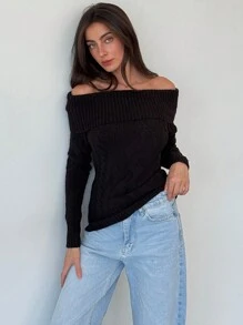 Aloruh 全新美式复古风格高领扭纹针织露肩修身保暖毛衣 - 杏色 - 查看 6