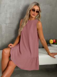 SHEIN Essnce 波西米亚风连衣裙淡蓝色连衣裙亚麻女式条纹圆领无袖休闲迷你连衣裙 - 藕粉色 - 查看 5