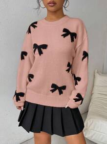 Chiquease Women's Bow Pattern Pullover Sweater, Long Sleeve Tops, Knit Pullover Fall Winter - Pink - View 4