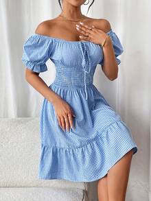 SHEIN Essnce Vestido de vuelo ajustado y plisado en cuadros con lazo - Azul - Ver 5