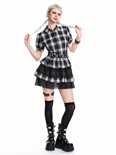 Goth Vestido de camisa con volantes de múltiples capas de cuadros blanco y negro para mujer