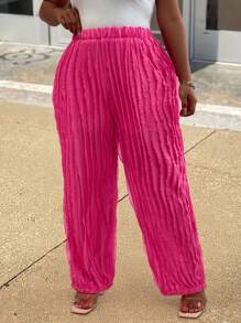 Maweii Pantalones de punto de cintura elástica de unicolor con flecos para tallas grandes - Rosa Fucsia - Ver 5