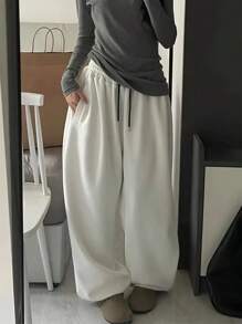 INAWLY 女士纯色简约抽绳运动裤、宽松裤 - 白色 - 查看 1