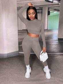 Slaydiva Bộ đồ bó hai mảnh tập yoga và áo thun croptop màu trơn - Màu Xám nhạt - Xem 1