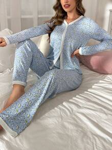CottageSlumber Color Block V-Neck Ditsy Floral Button Front Long Sleeve Top And Pants Set, Fall Clothes - Baby Blue - View 1