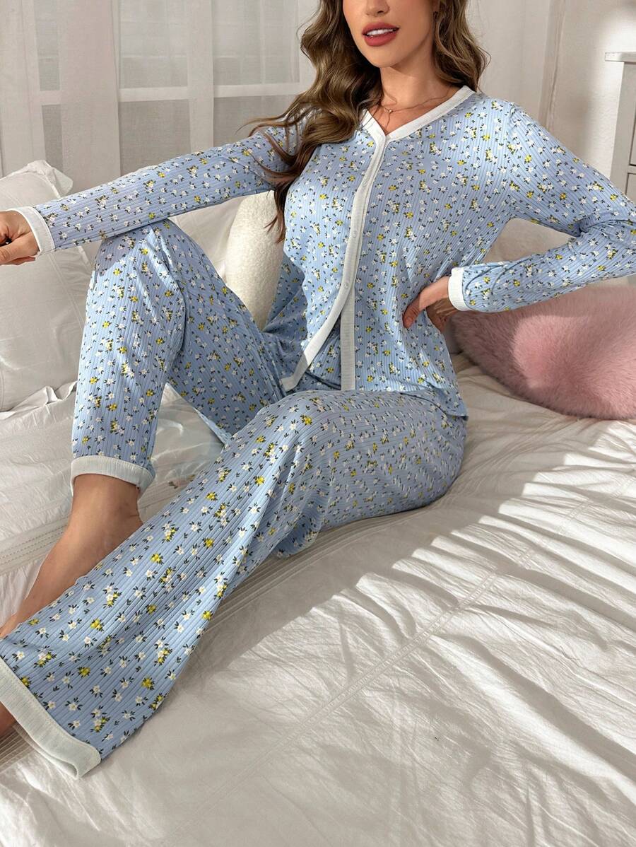 CottageSlumber Color Block V-Neck Ditsy Floral Button Front Long Sleeve Top And Pants Set, Fall Clothes - Baby Blue - View 1