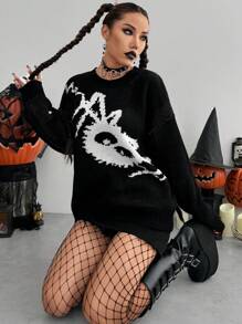 SHEIN Unity Women's Cartoon Spider Pattern Crew Neck Long Sleeve Sweater, Knit Pullover Fall Winter - Black - View 5