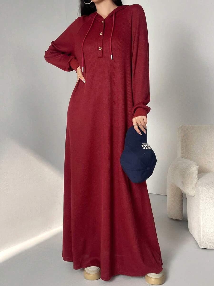 Al Najma 女式简约前扣长袖连帽休闲阿拉伯连衣裙，朴素休闲服长款运动衫阿拉伯连衣裙，适合日常休闲/返校/旅行 - 鏽棕色 - 查看 1