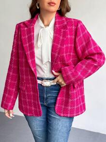 SHEIN Privé Blazer de manga larga elegante de talla grande para oficina y escuela, de estilo vintage a cuadros, cálido para el invierno - Rosa - Ver 10
