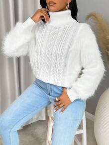 Zolique Women's Stans Neck Long Sleeve Sweater, Knit Pullover Fall Winter - Beige - View 4