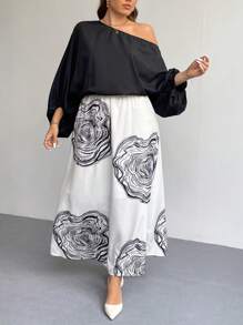 SHEIN Privé Sukienka damska w jednolitym kolorze z kwiatowym nadrukiem i asymetrycznym dekoltem w dużych rozmiarach - Czarne - Zobacz 4